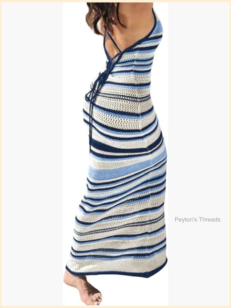 Crochet Halter Bodycon Maxi Dress Backless Striped Cover Up